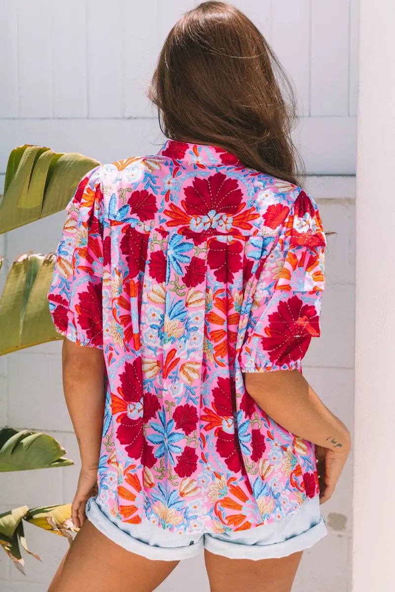 Pink Floral Print Bubble Sleeve Button Up Pleated Shirt - Love Salve